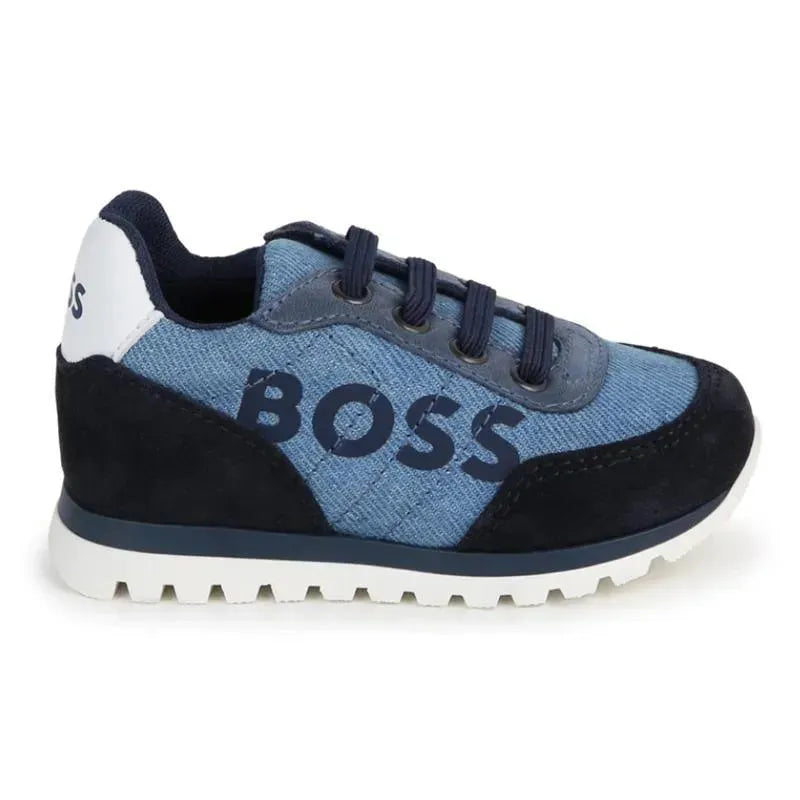 Denim sneakers for boys by Hugo Boss in navy, featuring a textured upper, logo detailing, and a sturdy sole.