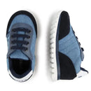 Navy denim sneakers for boys by Hugo Boss, featuring a lace-up design and textured fabric details.