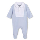 Pale blue footie with collar detail, featuring a white collar and buttons, designed for infants by Hugo Boss.