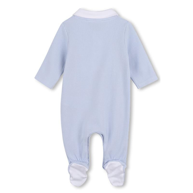 Pale blue baby footie with a white collar detail and long sleeves, featuring a textured fabric and footed design.