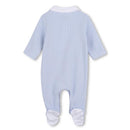Pale blue baby footie with a white collar detail and long sleeves, featuring a textured fabric and footed design.