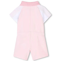Pale pink all-in-one romper for girls, featuring short sleeves and a ribbed collar.