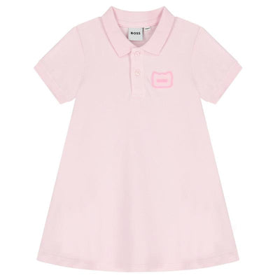 Light pink organic cotton dress for girls by Hugo Boss, featuring a polo collar and a branded logo on the chest.