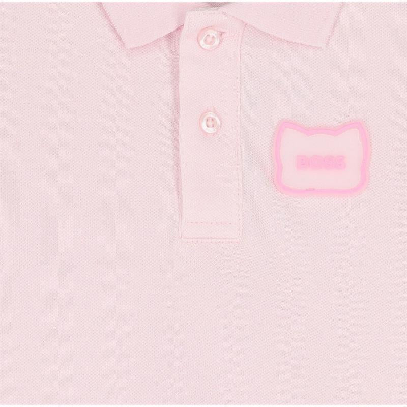 Light pink organic cotton dress for girls by Hugo Boss featuring a three-button polo collar and a pink logo patch.