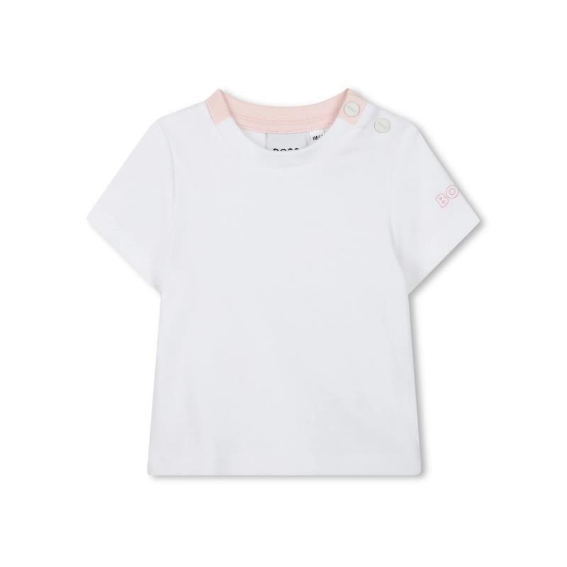 White t-shirt for girls by Hugo Boss, featuring a pink collar and logo detail on the sleeve.
