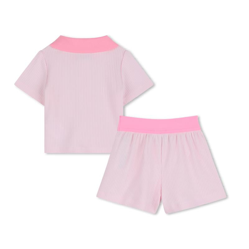 Light pink polo shirt with a contrasting pink collar and matching shorts, designed for baby girls.