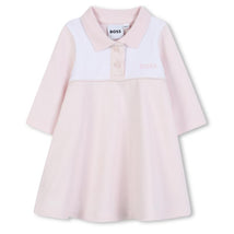 Pale pink polo dress for girls by Hugo Boss, featuring a white collar and embroidered logo on the chest.