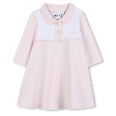 Pale pink polo dress for girls by Hugo Boss, featuring a white collar and embroidered logo on the chest.