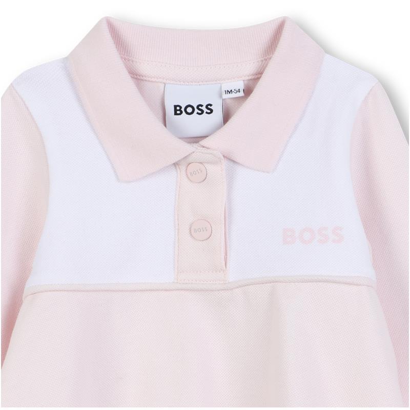 Pink polo dress for girls by Hugo Boss featuring a white collar and logo on the chest.