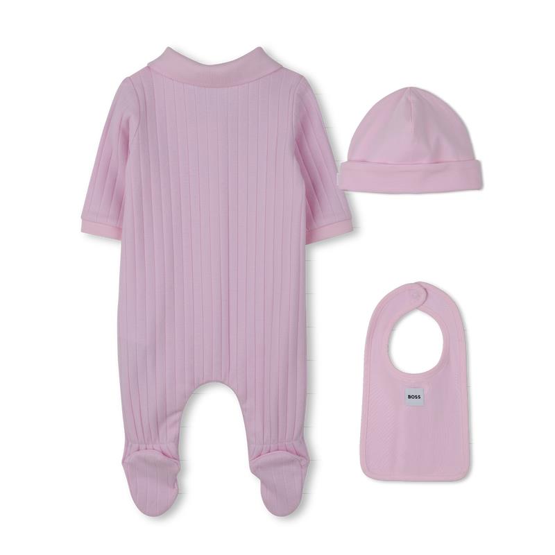 Light pink footie, hat, and bib set from Hugo Boss Baby, presented in a gift box.