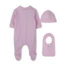 Light pink footie, hat, and bib set from Hugo Boss Baby, presented in a gift box.