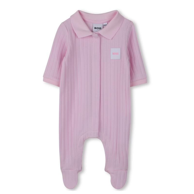 Light pink footie hat and bib set for girls from Hugo Boss, presented in a gift box. Features a collar and logo patch.