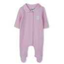 Light pink footie hat and bib set for girls from Hugo Boss, presented in a gift box. Features a collar and logo patch.