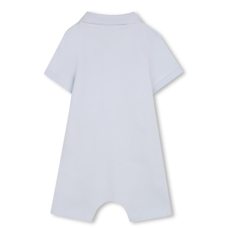 Pale blue infant short sleeve polo romper featuring a rubber red panda patch.