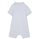 Pale blue infant short sleeve polo romper featuring a rubber red panda patch.