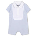 Pale blue infant short sleeve waffle romper with a white collar and button closure, designed by Hugo Boss.