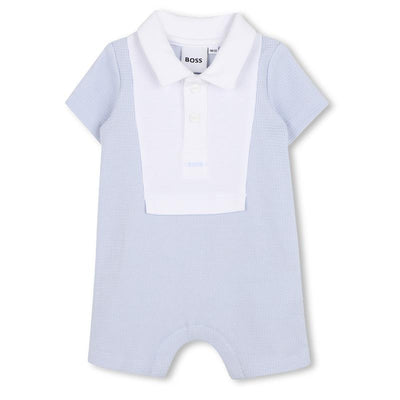 Pale blue infant short sleeve waffle romper with a white collar and button closure, designed by Hugo Boss.