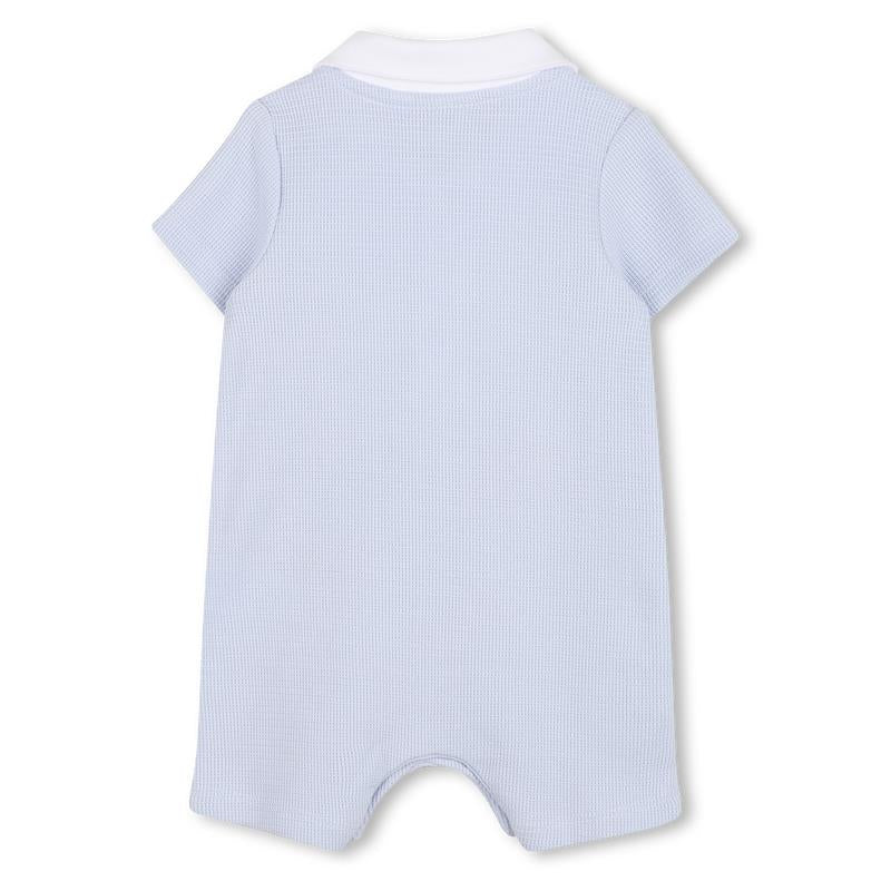 Pale blue infant short sleeve waffle romper by Hugo Boss with a white collar, designed for comfort and style.