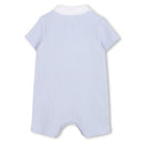 Pale blue infant short sleeve waffle romper by Hugo Boss with a white collar, designed for comfort and style.