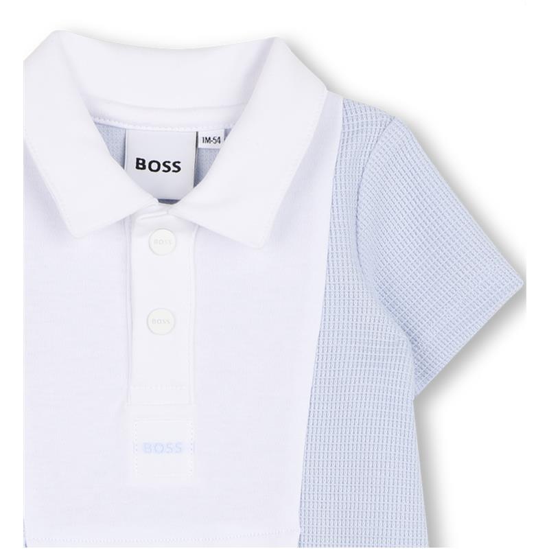 Pale blue infant short sleeve waffle romper by Hugo Boss with a white collar and button details.