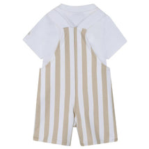 Hugo Boss Baby striped overall and white t-shirt set for infants, featuring beige and white stripes on the overall.
