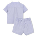 Blue short-sleeve shirt with back pleat and matching shorts, designed for babies by Hugo Boss.