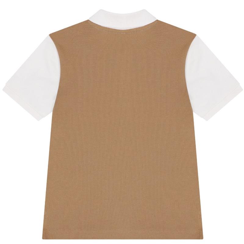 Beige short sleeve polo shirt with white collar for babies, featuring a classic design and comfortable fabric.