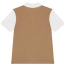Beige short sleeve polo shirt with white collar for babies, featuring a classic design and comfortable fabric.