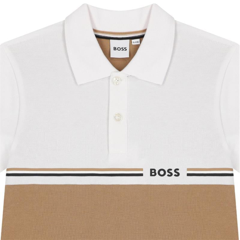 Short sleeve beige polo shirt by Hugo Boss featuring white and brown stripes and the brand logo on the chest.