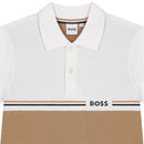 Short sleeve beige polo shirt by Hugo Boss featuring white and brown stripes and the brand logo on the chest.