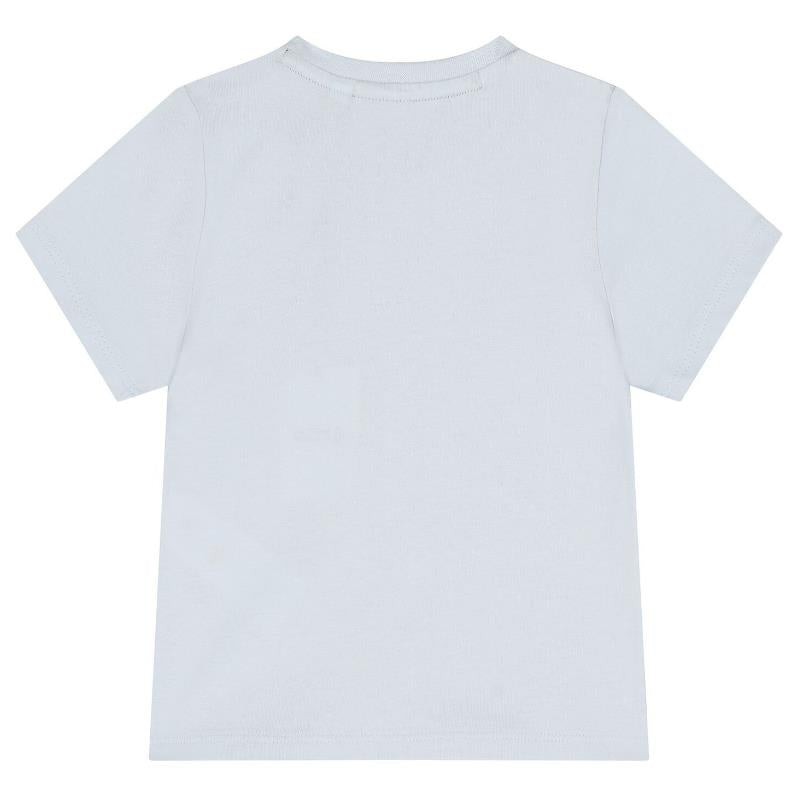 Pale blue short-sleeved cotton t-shirt for babies, featuring a simple and minimalist design.