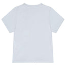Pale blue short-sleeved cotton t-shirt for babies, featuring a simple and minimalist design.