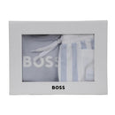 Hugo Boss baby t-shirt in stone color and striped shorts, displayed in a white box with the brand logo.