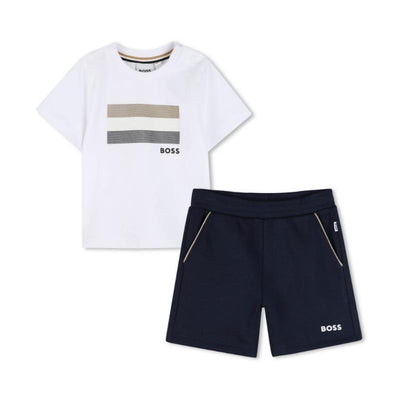 Navy cotton jersey baby tee shirt with a striped design and matching Bermuda shorts featuring logo details.