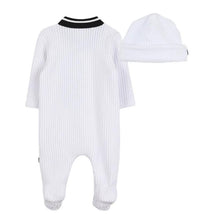 Unisex white footie with black collar details and matching hat, part of the Hugo Boss Baby set.