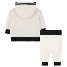 Off-white unisex hooded cardigan and pants set featuring black ribbed trim. Suitable for babies.