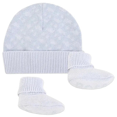 Pale blue geometric intarsia hat and matching slippers set, featuring a ribbed cuff and soft fabric.