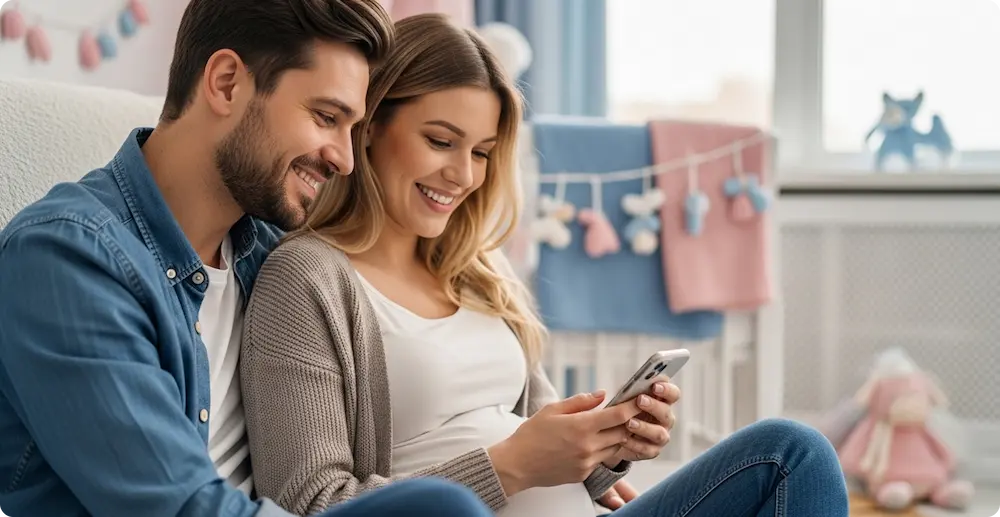 Pregnant woman and man smiling while looking at a smartphone in a nursery.