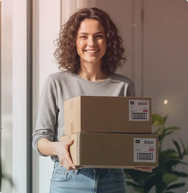 Woman smiling while holding two stacked cardboard shipping boxes.