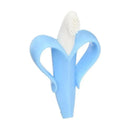 Blue banana-shaped infant toothbrush with soft bristles for gentle teeth cleaning.