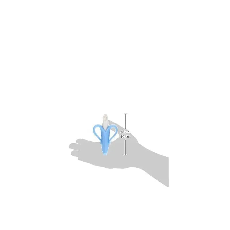 Infant toothbrush resembling a banana, shown in a hand for scale, measuring 4.3 inches in blue color.