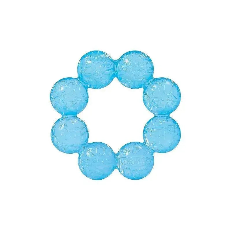 Blue water-filled teether in a flower shape, designed for soothing infants during teething.