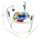 Infantino 360 Magic Motion 4-In-1 Activity Center features colorful toys, a blue padded seat, and adjustable height, designed for infant play.