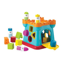 Colorful activity shape sorting castle with various shapes and sorting blocks, designed for early childhood learning.