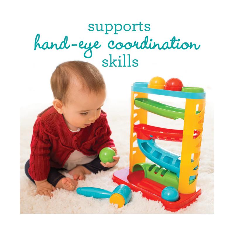 Infantino Bop & Drop Ball Tower with colorful ramps; a child plays with a green ball to enhance hand-eye coordination skills.
