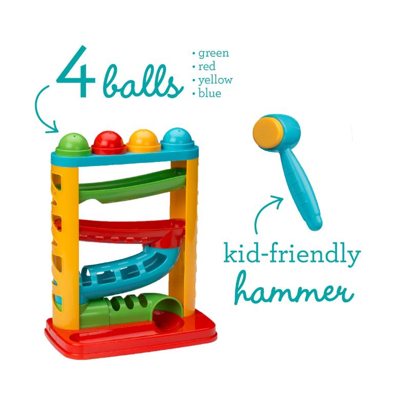 Infantino Bop & Drop Ball Tower with four colorful balls (green, red, yellow, blue) and a kid-friendly hammer for play.