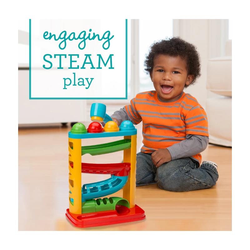 Brightly colored Infantino Bop & Drop Ball Tower with a child engaging with the toy, promoting STEAM play.