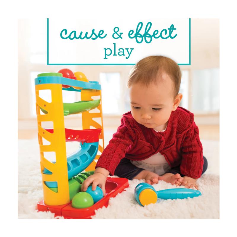 Infantino Bop & Drop Ball Tower with colorful slides and balls, featuring a baby playing beside it on a soft rug.