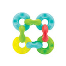 Colorful plastic chain links forming a geometric shape, intended for infant play and development.