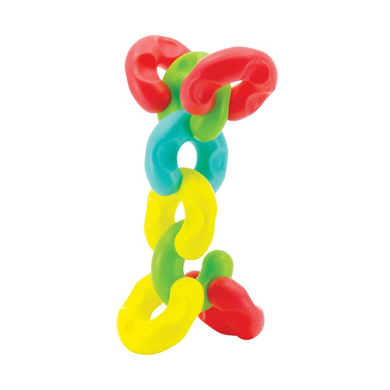 Colorful interlocking chain links in red, blue, green, and yellow designed for infant play and development.
